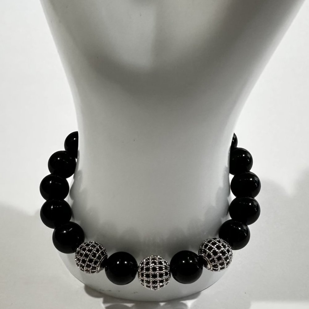 10mm Black Onyx with Black Crystal Ball Stretch Bracelet - Protection, Energy - Picture 3 of 7